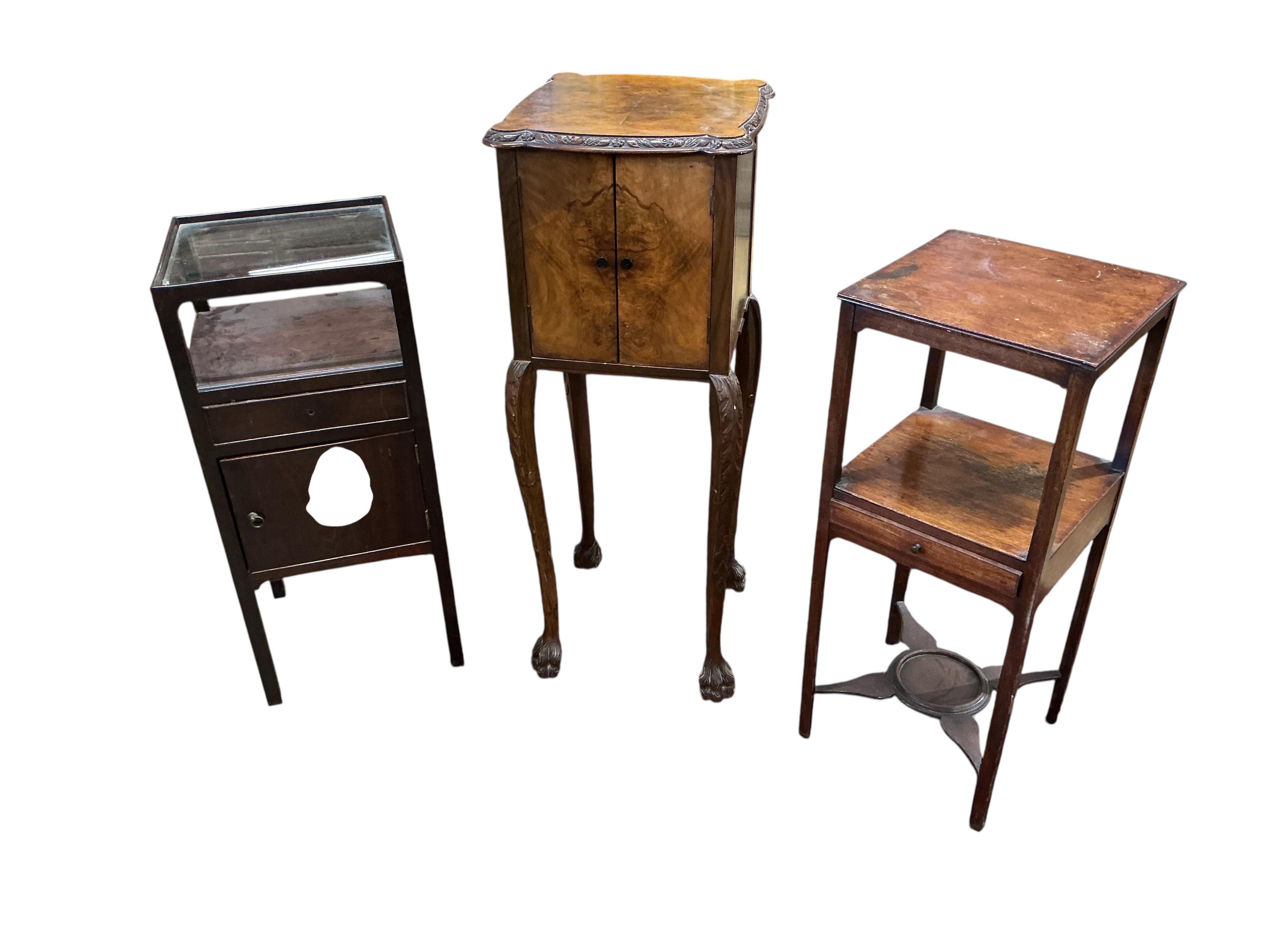 Two George III mahogany washstands and a Queen Anne Revival walnut cabinet, largest width 35cm, depth 34cm, height 92cm